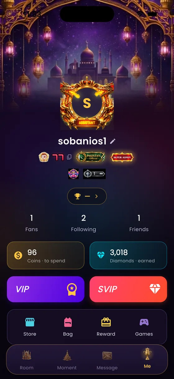 A FalcoChat profile with badges, coins and diamonds